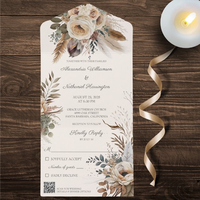 Neutral Bohemian Flowers & Feathers QR Code  All In One Invitation (Also available without QR code and with or without dinner options. )