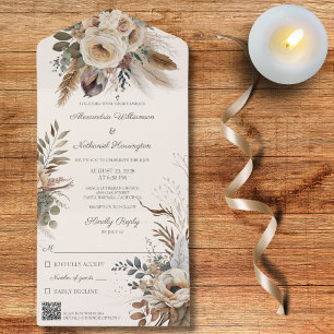 Neutral Bohemian Flowers & Feathers QR Code All In One Invitation