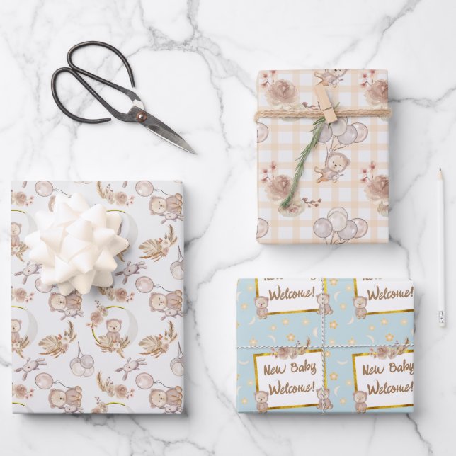 Neutral Boho Bear Moon Baby Shower Wrapping Paper Sheet (Front)