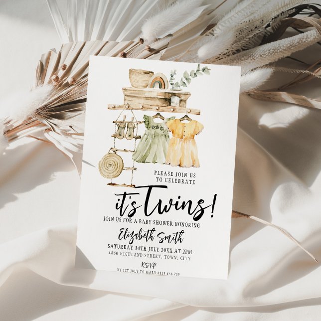 Neutral Boho Beige Green Yellow Watercolor Twin  Invitation (Creator Uploaded)
