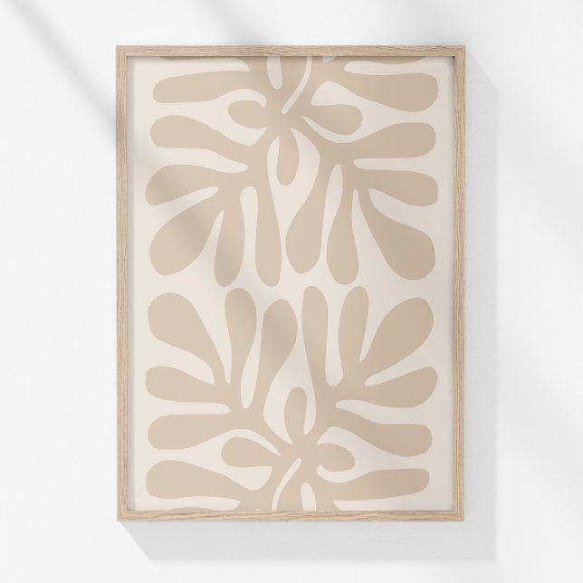 Neutral Boho Botanical Abstract Wall Art Print (Boho Muted Beige Neutral Botanical Abstract Art Poster in a wooden frame on a sunny white wall.)