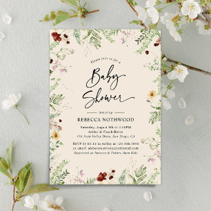 Neutral Boho Chic Cute Wildflowers Baby Shower Invitation