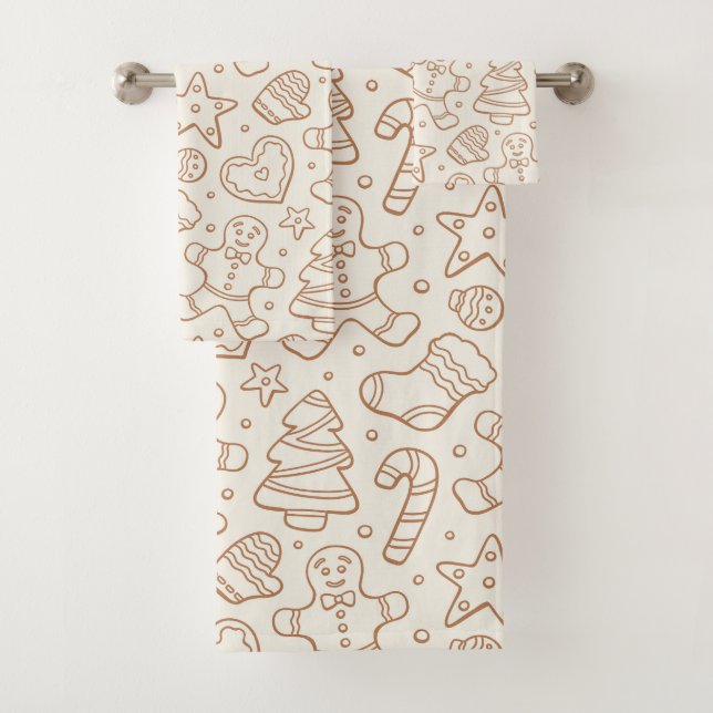 Neutral Boho Christmas Gingerbread Man Beige Bath Towel Set (Insitu)