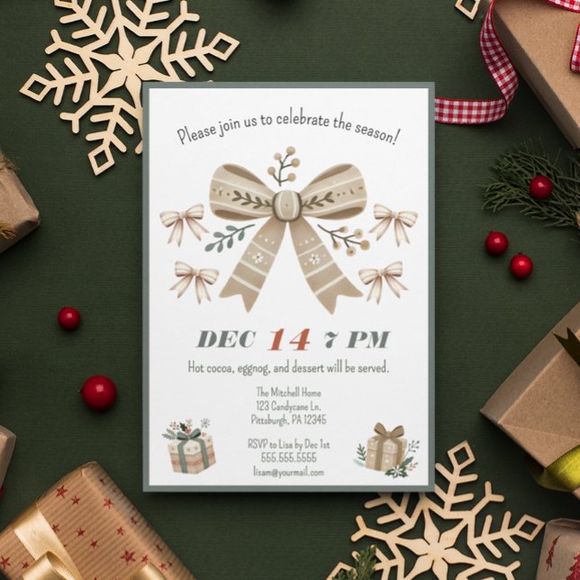 Neutral Boho Coquette Bow Christmas Party Invitation (Creator Uploaded)