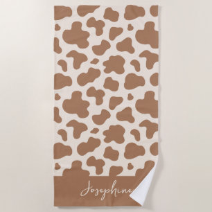 Neutral Boho Cow Print Western Cowgirl Beige Name Beach Towel