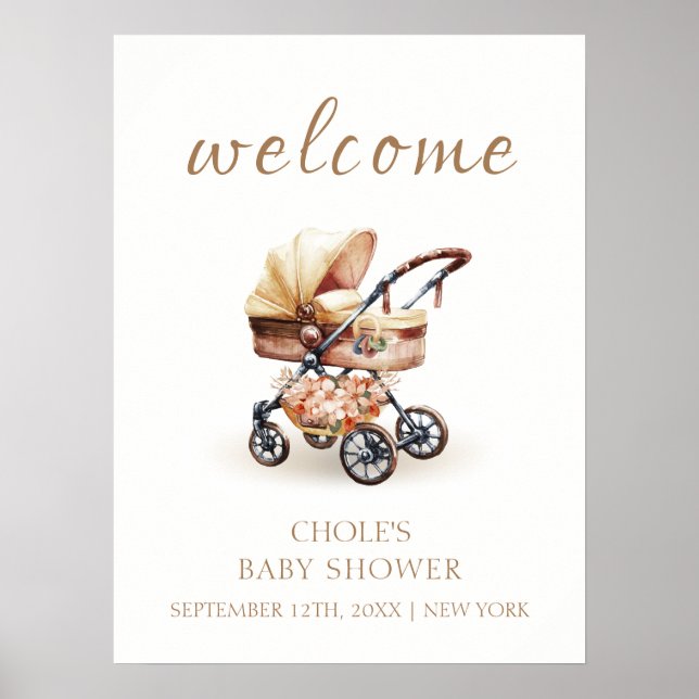 Neutral Boho Floral Stroller Baby Shower Welcome Poster (Front)