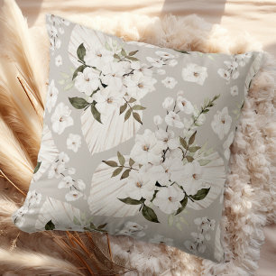 Neutral Boho Floral Throw Pillow White Blossoms