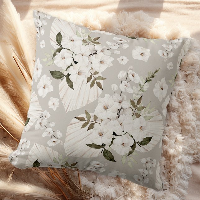 Neutral Boho Floral Throw Pillow White Blossoms (Floral Throw Pillow)