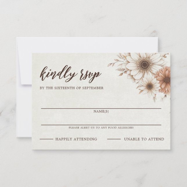 Neutral Boho Floral Wedding RSVP Card (Front)
