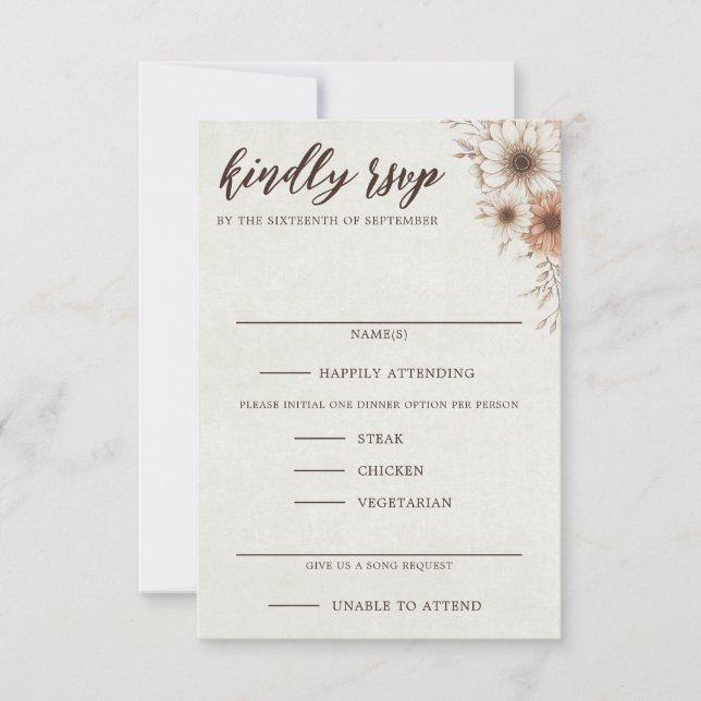 Neutral Boho Floral Wedding RSVP Card (Front)