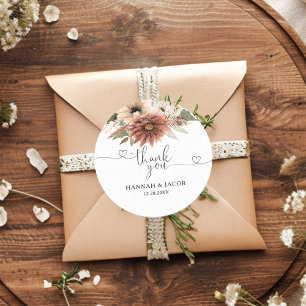 Neutral Boho Floral Wedding Thank You Favour Classic Round Sticker