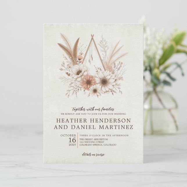 Neutral Boho Floral with Details Wedding Invitation (Standing Front)