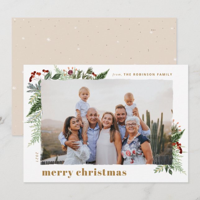 Neutral Boho Greenery Gold Dry Brush Effect Photo Holiday Card (Front/Back)