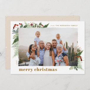 Neutral Boho Greenery Gold Dry Brush Effect Photo Holiday Card