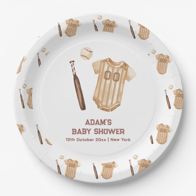 Neutral Boho Little Slugger Baseball Baby Shower  Paper Plate (Front)
