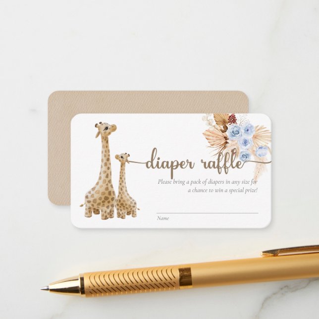 Neutral Boho Pampas Grass Giraffe Diaper Raffle En Enclosure Card (Front/Back In Situ)