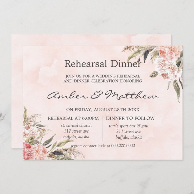 Neutral Boho Pink Peony Pampas Rehearsal Dinner In Invitation (Front/Back)