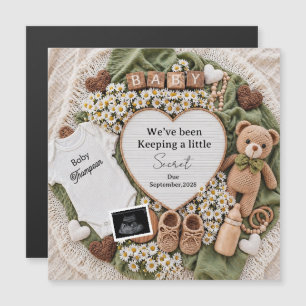 Neutral boho teddy bear pregnancy announcement 
