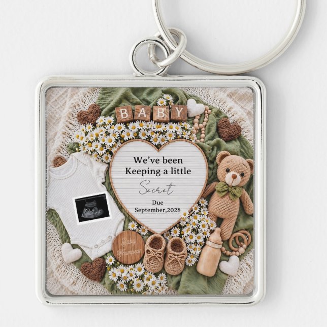 Neutral boho teddy bear pregnancy announcement key ring (Front)