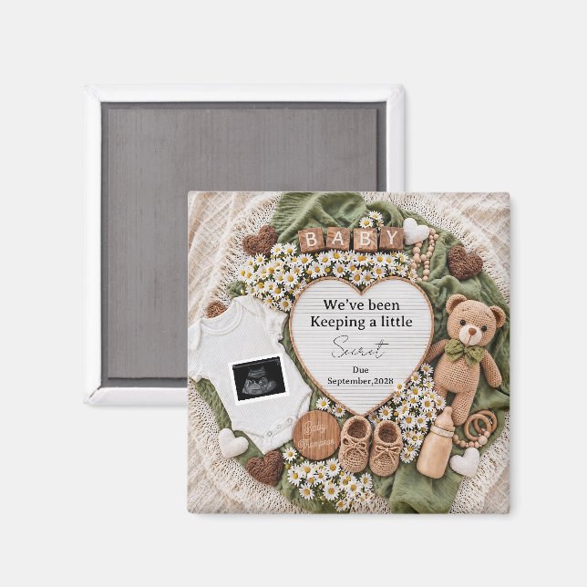 Neutral boho teddy bear pregnancy announcement magnet (Front/Back)