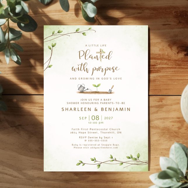 Neutral Botanical Christian Baby Shower Invitation (Planted With Purpose Christian Baby Shower Invitation)