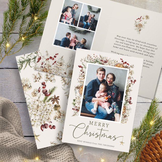 Neutral Botanical Christmas Card (Neutral Boho Rustic Botanical Christmas Photo Collage Card
)