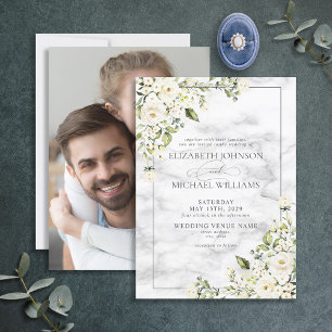 Neutral Botanical Greenery Marble Photo Wedding Invitation