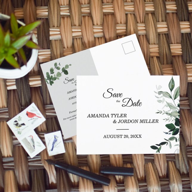 Neutral Botanical Wedding Save the Date Postcard (Creator Uploaded)