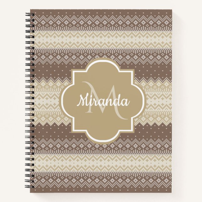 Neutral Brown and Tan Knit Pattern With Name Notebook (Front)