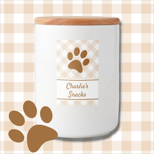 Neutral Brown Beige White Gingham Pattern Paw Name Food Label (Creator Uploaded)