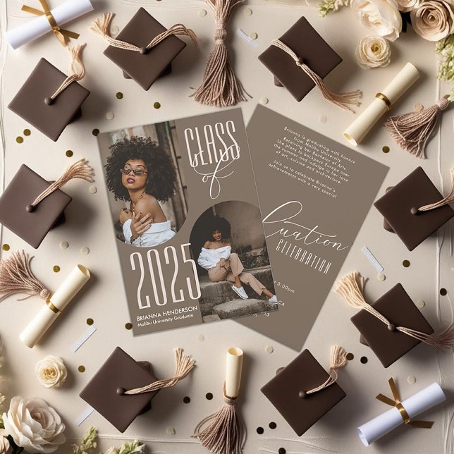 Neutral Brown Graduation with Arched Photos Invitation (Neutral Brown Graduation Photo Invitation)