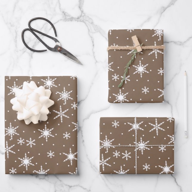 Neutral Brown Modern Festive Snowflake Pattern Wrapping Paper Sheet (Front)