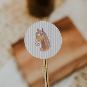 Neutral Brown Stripe Horse Birthday Classic Round Sticker