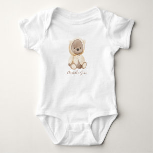 Neutral Brown Teddy Bear Personalised Name Baby Bodysuit