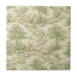 Neutral Bunny Bear Picnic Floral Garden (1) Ceramic Tile
