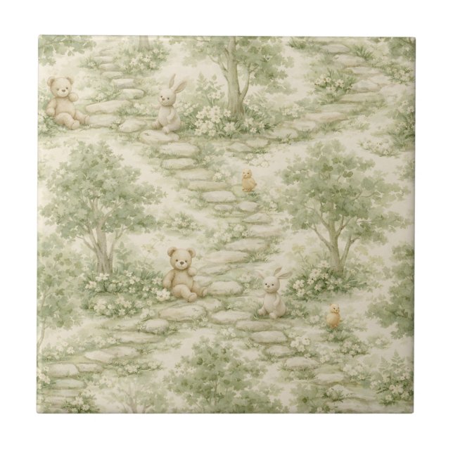 Neutral Bunny Bear Picnic Floral Garden (1) Ceramic Tile (Front)