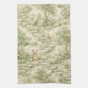 Neutral Bunny Bear Picnic Floral Garden (1) Tea Towel