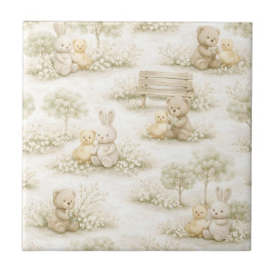 Neutral Bunny Bear Picnic Floral Garden (2) Ceramic Tile