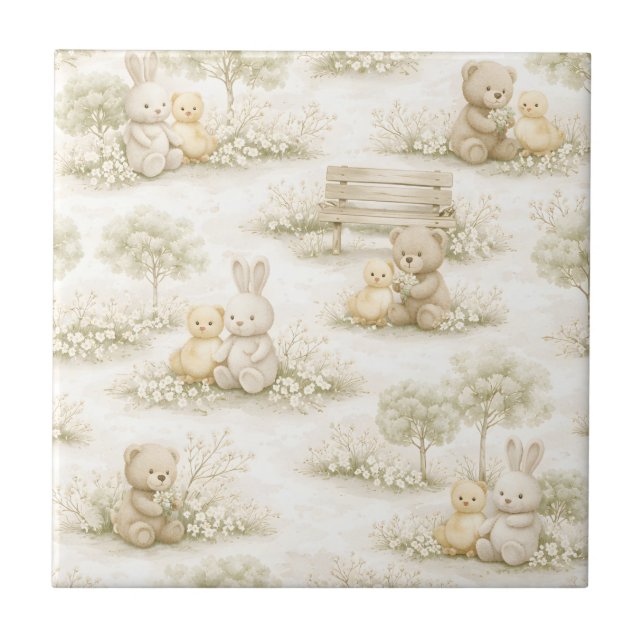 Neutral Bunny Bear Picnic Floral Garden (2) Ceramic Tile (Front)