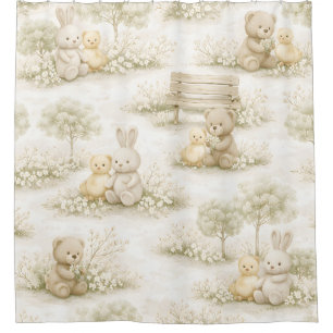 Neutral Bunny Bear Picnic Floral Garden (2) Shower Curtain