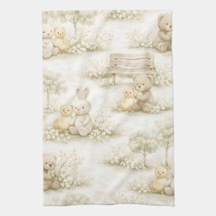 Neutral Bunny Bear Picnic Floral Garden (2) Tea Towel
