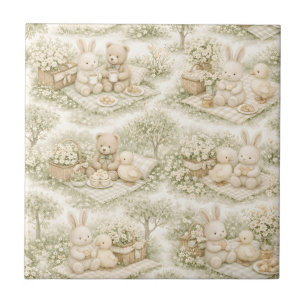 Neutral Bunny Bear Picnic Floral Garden (3) Ceramic Tile