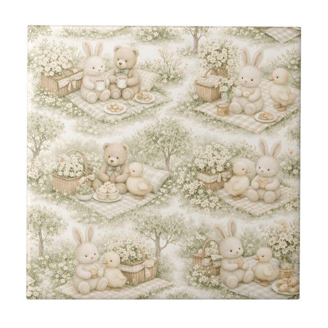 Neutral Bunny Bear Picnic Floral Garden (3) Ceramic Tile (Front)