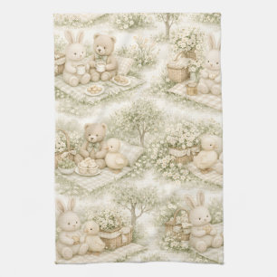 Neutral Bunny Bear Picnic Floral Garden (3) Tea Towel