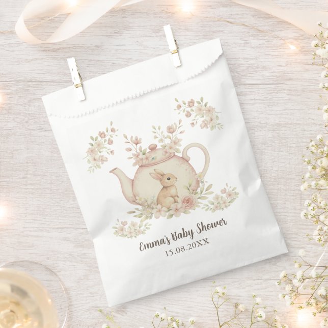 Neutral Bunny & Floral Teapot Baby Shower  Favour Bag (Clipped)