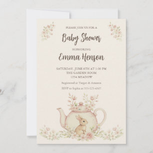 Neutral Bunny & Floral Teapot Baby Shower Invitation
