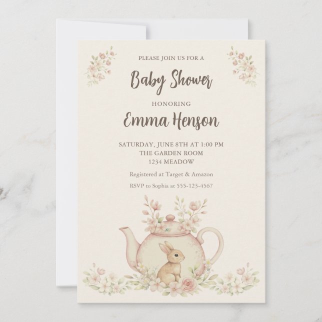 Neutral Bunny & Floral Teapot Baby Shower  Invitation (Front)