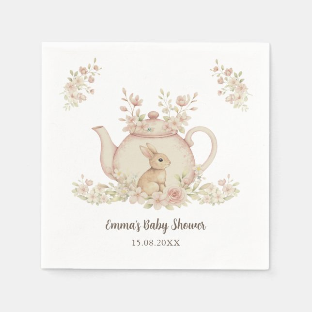 Neutral Bunny & Floral Teapot Baby Shower  Napkin (Front)