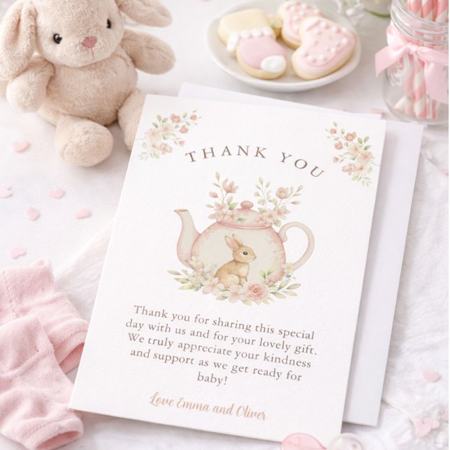 Neutral Bunny & Floral Teapot Baby Shower  Thank You Card (Creator Uploaded)