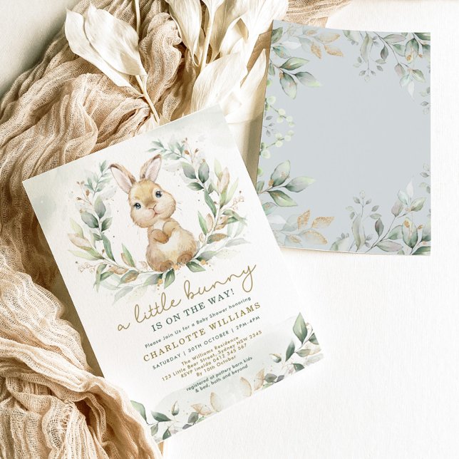 Neutral Bunny Rabbit Greenery Gold Baby Shower Invitation (Creator Uploaded)